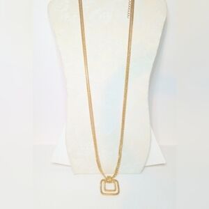 Monet Necklace 1970's Chunky‎ Double Square Pendant Gold Tone Double Chain RARE